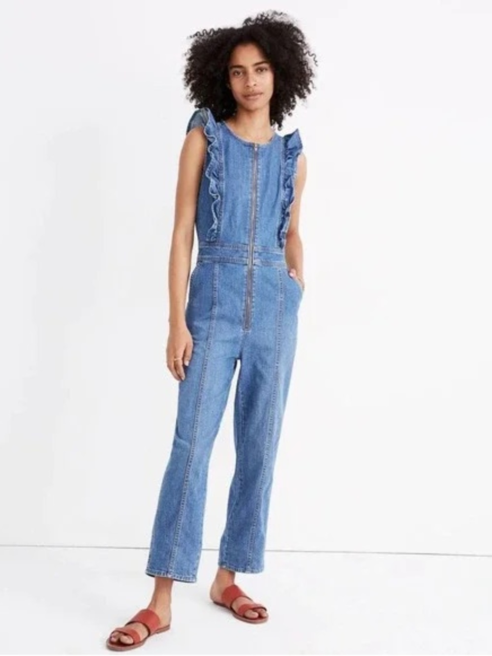 Madewell Denim Ruffle‎ Sleeve Zip Front Jumpsuit Size 00 Blue Womens Tapered Leg